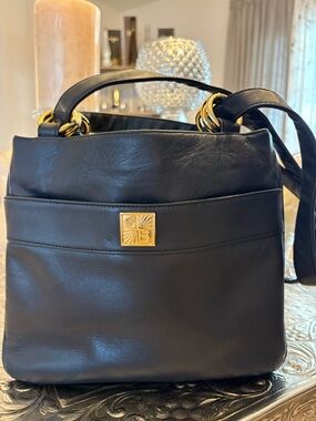 Giani Bernini Navy Blue Leather Shoulder Bag with Gold Tone Accents